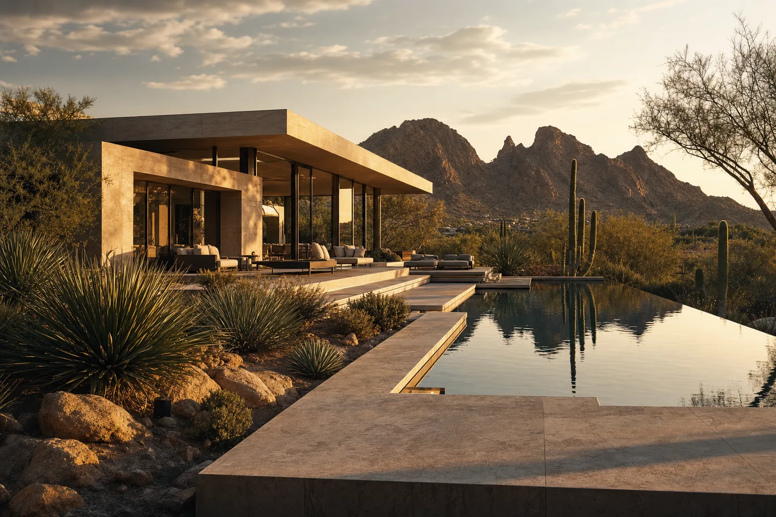 Modern luxury desert estate in Paradise Valley at golden hour